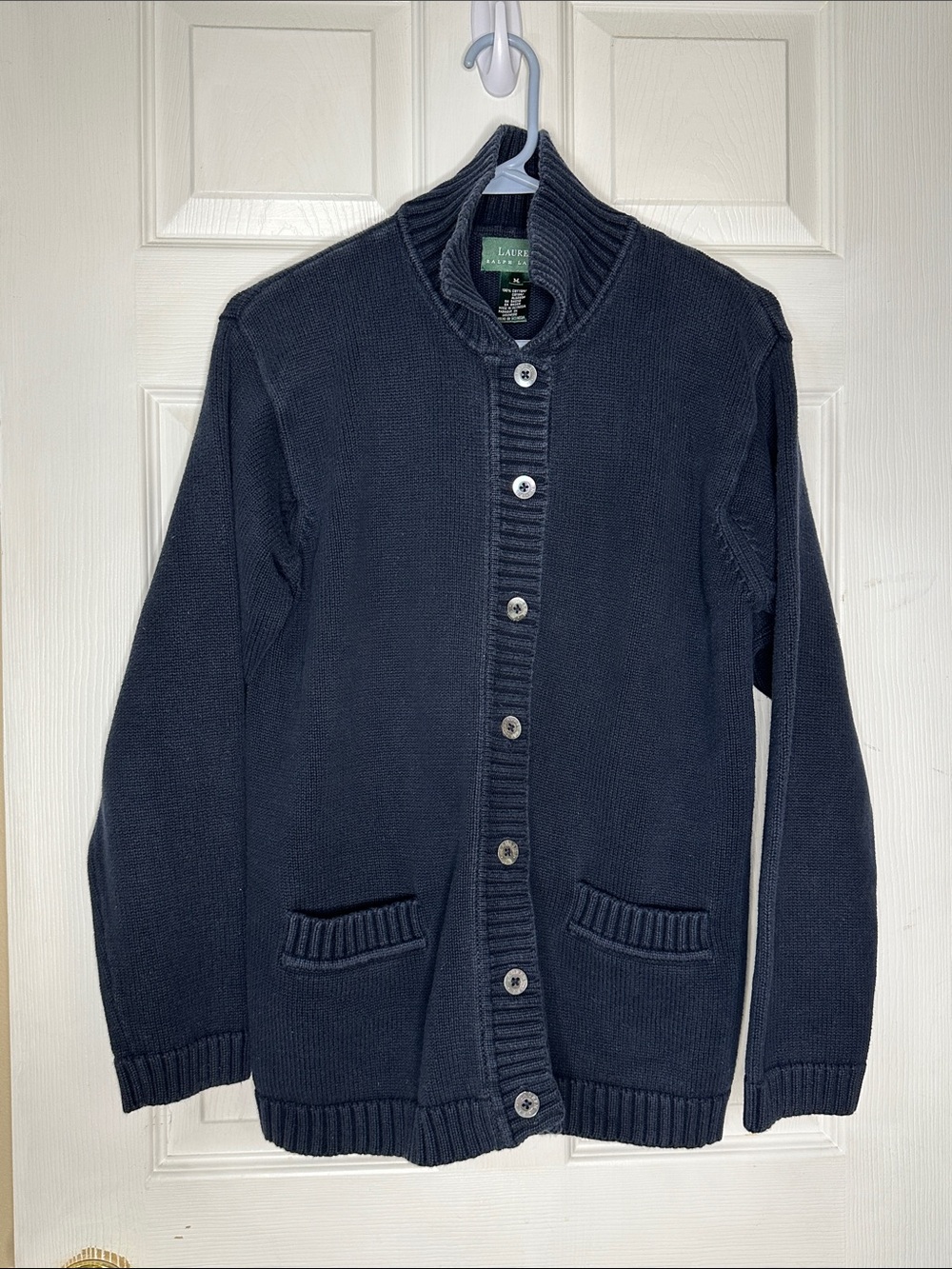Lauren Ralph Lauren Men's Navy Gray Button-Up Ribbed Collar Cardigan